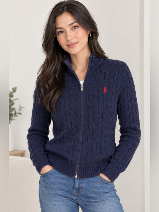 Polo Ralph Lauren Tops - Polo by Ralph Lauren Navy Cable-Knit Full-Zip Sweater with Red Pony